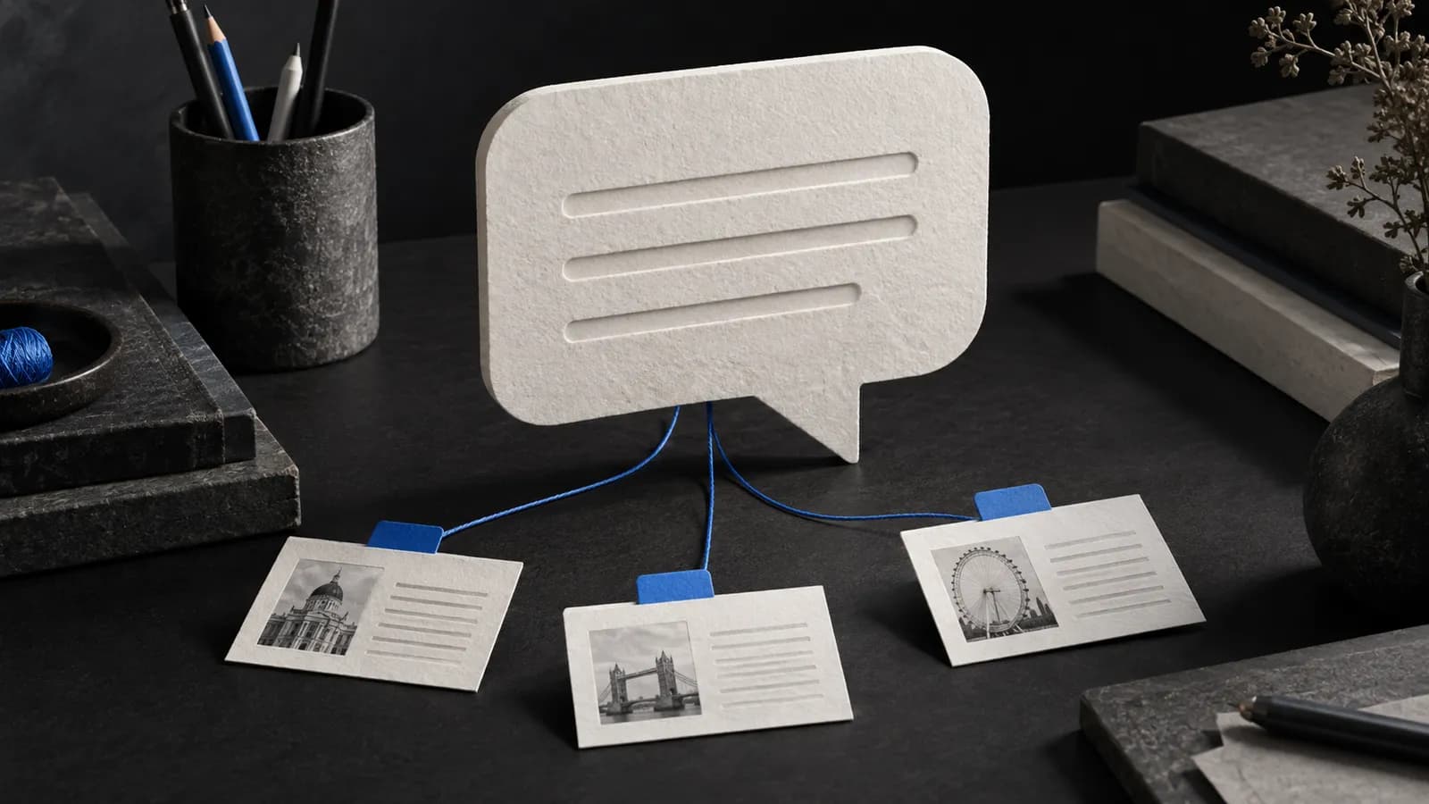 A paper answer shape connected by blue threads to three source cards with London landmarks.