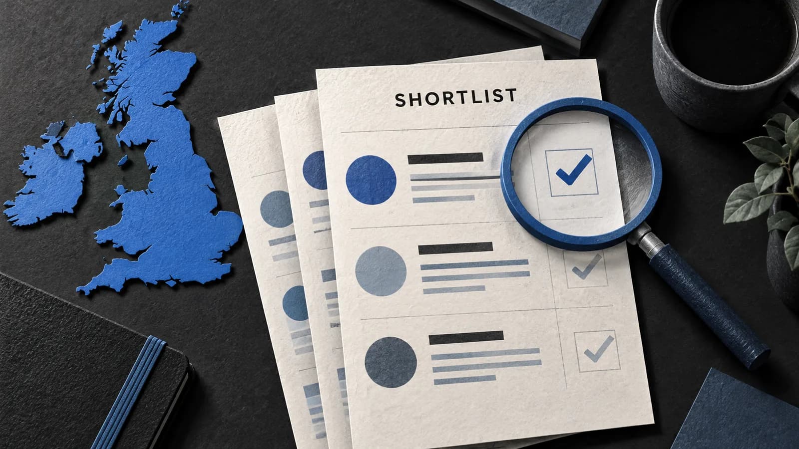 Agency proposal shortlist with a blue magnifying glass and a paper map of Britain and Ireland.