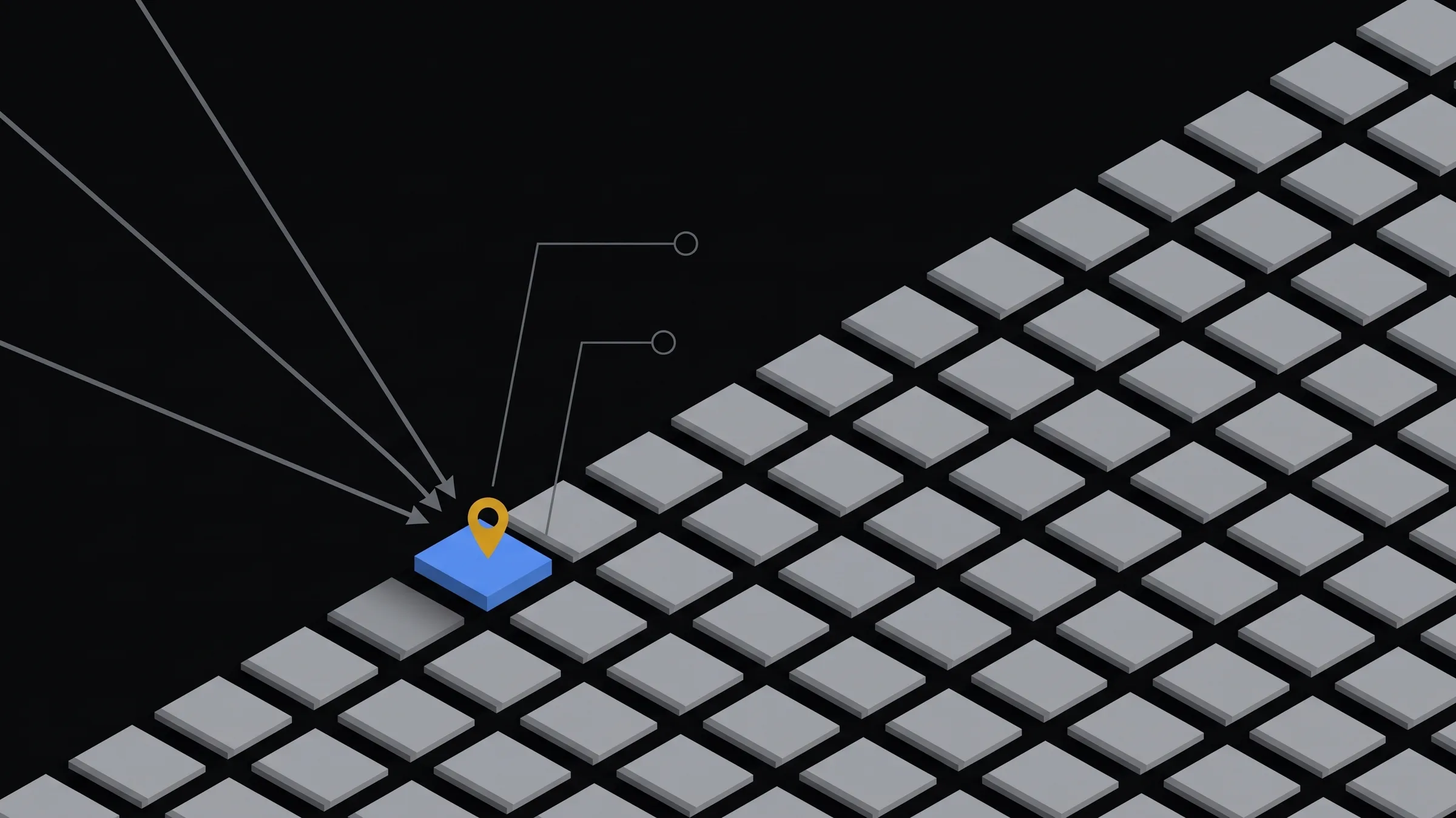 A small papercraft robot with a blue speech-bubble head walking toward one glowing browser-window card among a row of dark ones