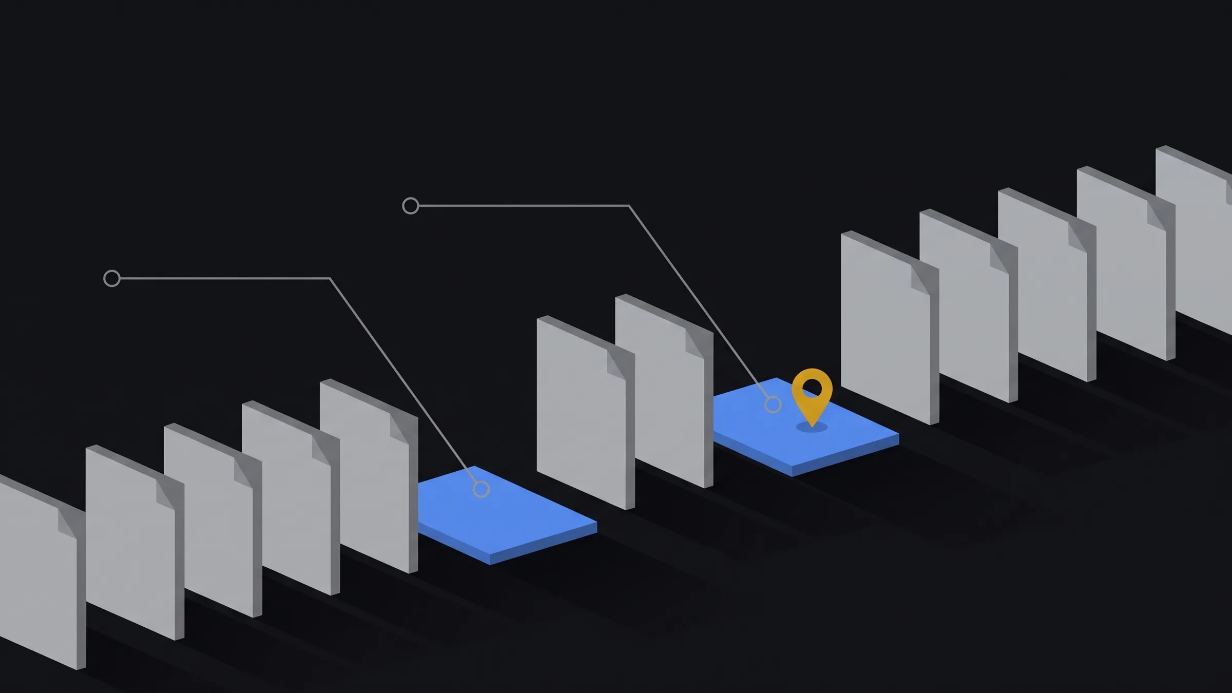 A row of papercraft browser-window cards where two at either end are toppled with a jagged blue crack torn through the screen, while the cards between them stand upright and glowing