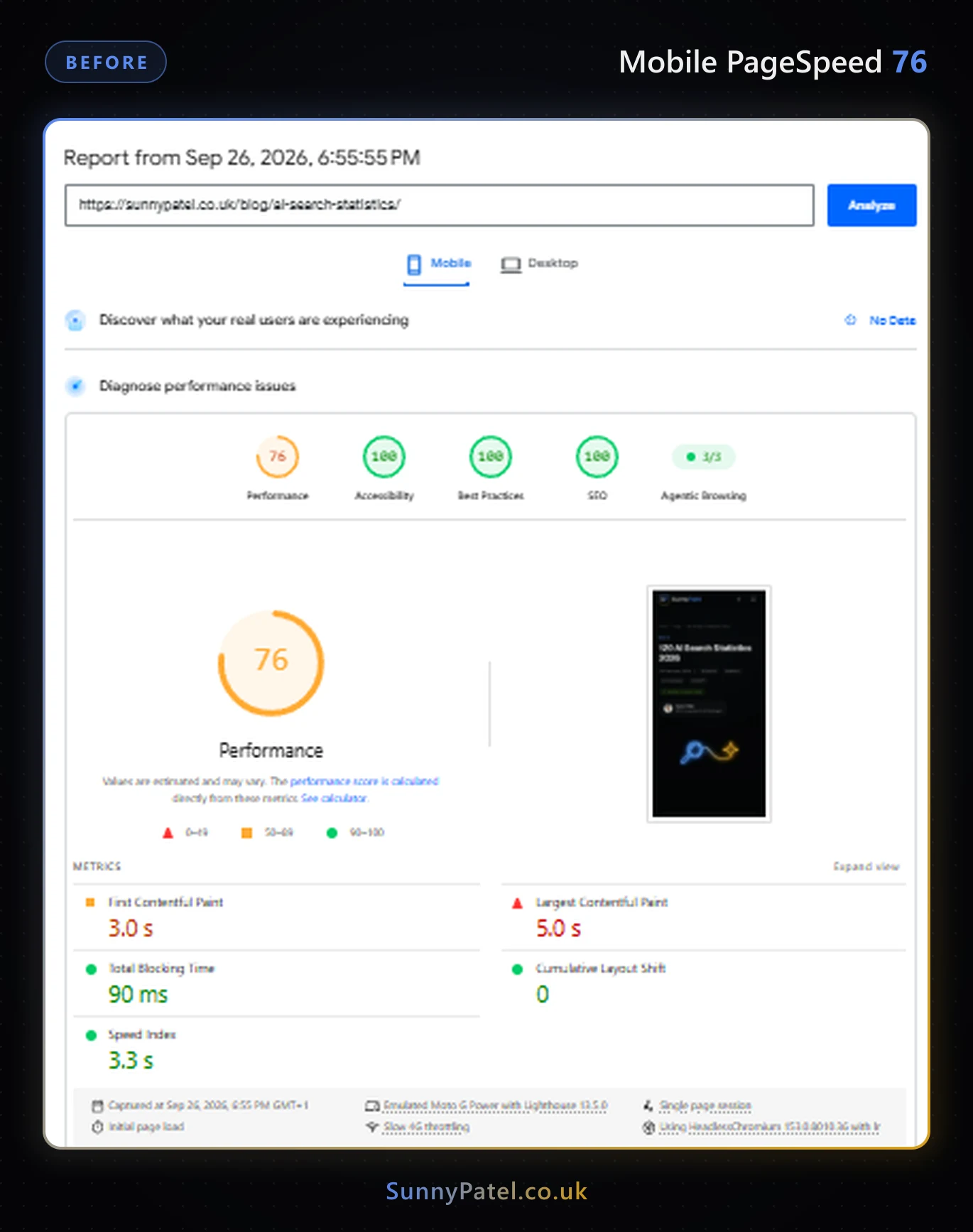 Before: PageSpeed Insights mobile report, 26 September 2026, 6:55pm. Performance 76, FCP 3.0s, LCP 5.0s.