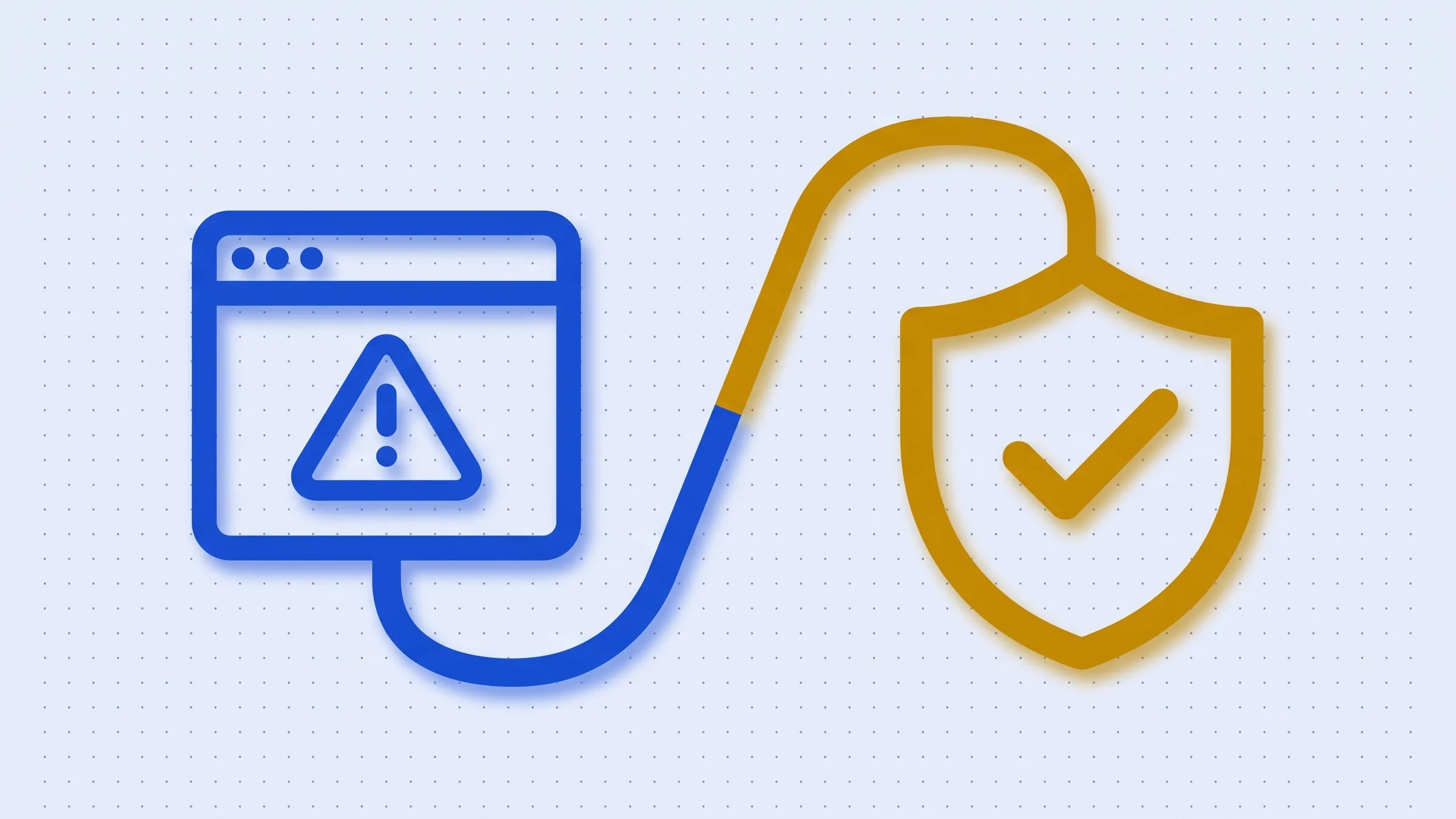 Neon line illustration: a browser window with a warning triangle connected to a shield with a checkmark