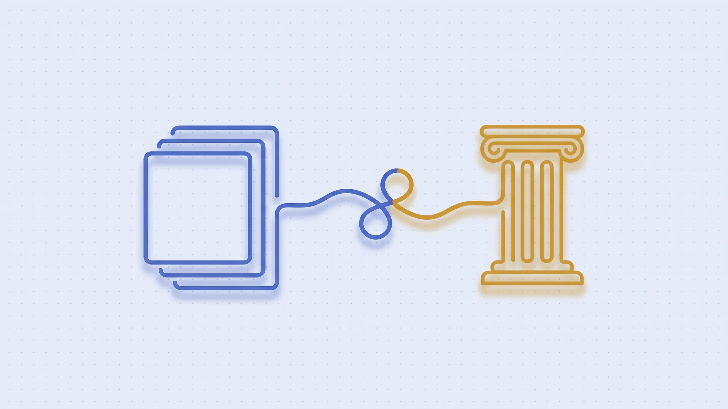 Neon line illustration: a stack of documents connected to a classical pillar