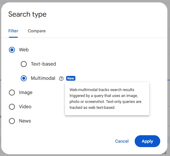 Search Console search type filter showing Web split into Text-based and Multimodal, with Google's tooltip definition