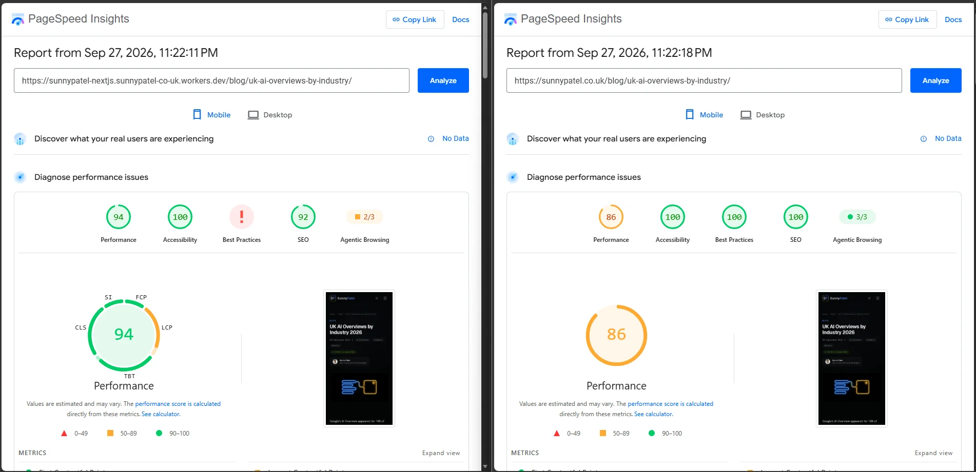 PageSpeed Insights mobile screenshot from 27 September 2026 comparing the faulty Workers deployment, with performance 94, Best Practices error and SEO 92, against the then-direct Vercel apex, with performance 86 and SEO 100